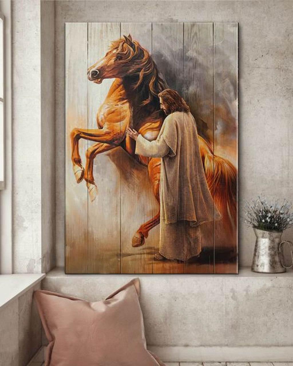 Jesus Christ And Powerful Brown Horse Poster and Canvas