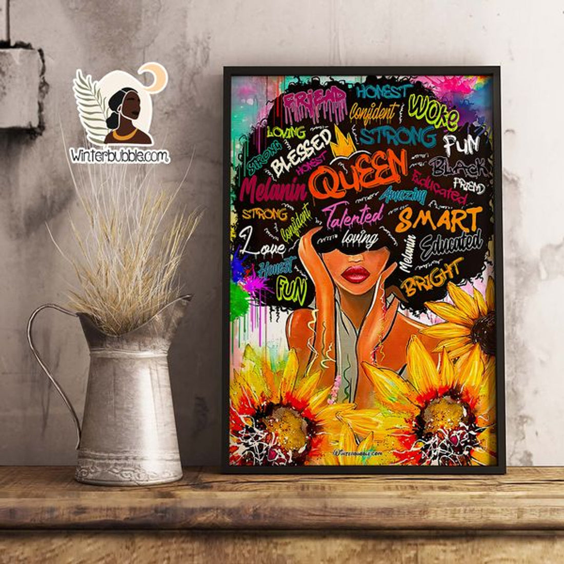 Black Queen Blessed Friend Honest Woke Bright Fun Love Confident Sunflower Poster and Canvas