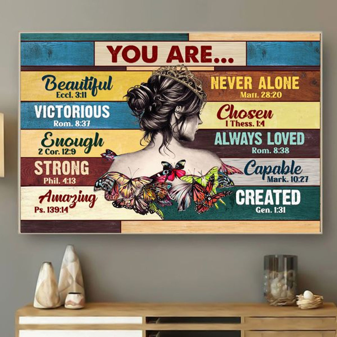 You Are Beautiful Victorious Enough Strong Amazing Never Alone Chosen Always Loved Capable Created Butterfly Lady Feminism Poster and Canvas