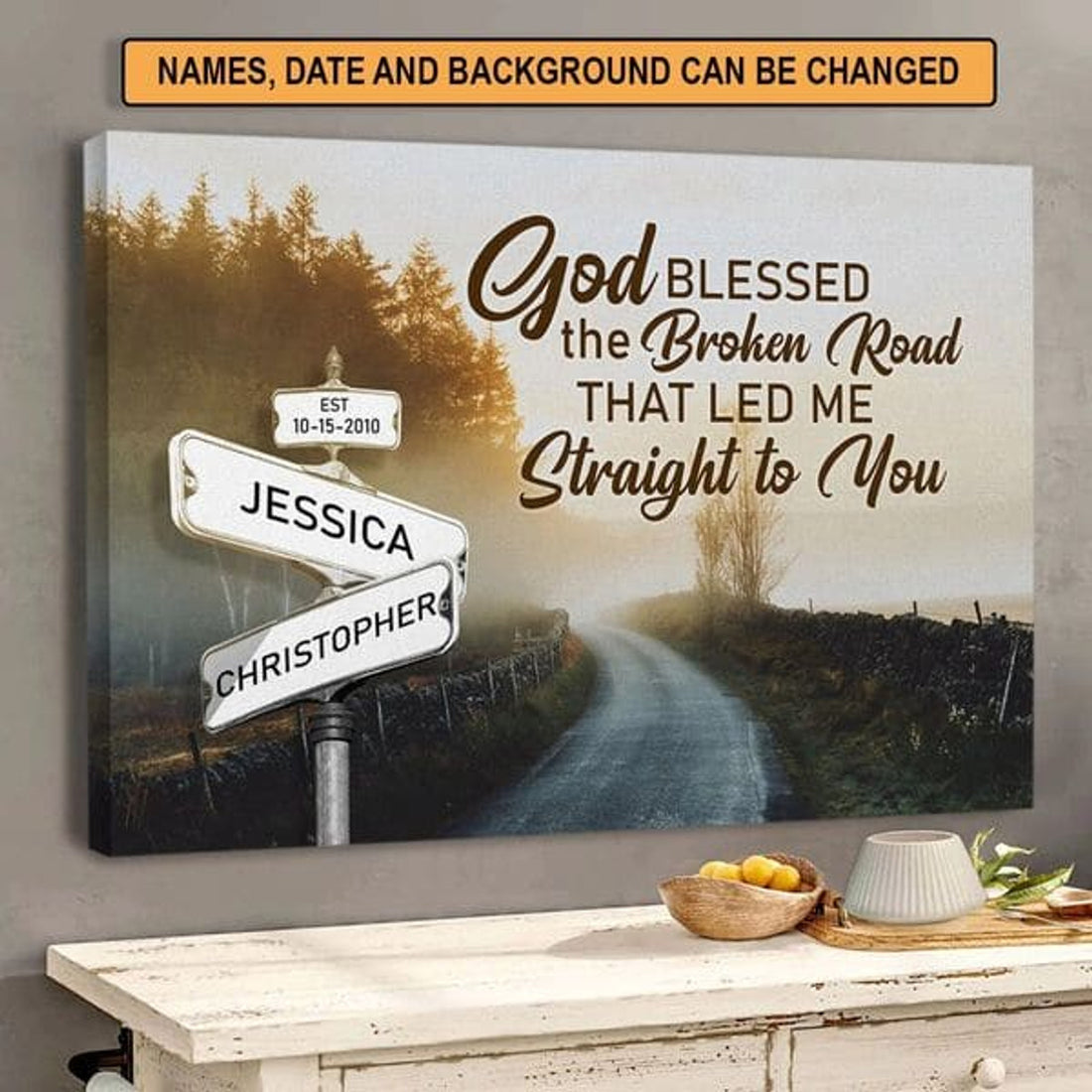 Custom God Blessed The Broken Road That Led Me Straight To You Street Foggy Sky Customized Personalized Name/Number Poster and Canvas