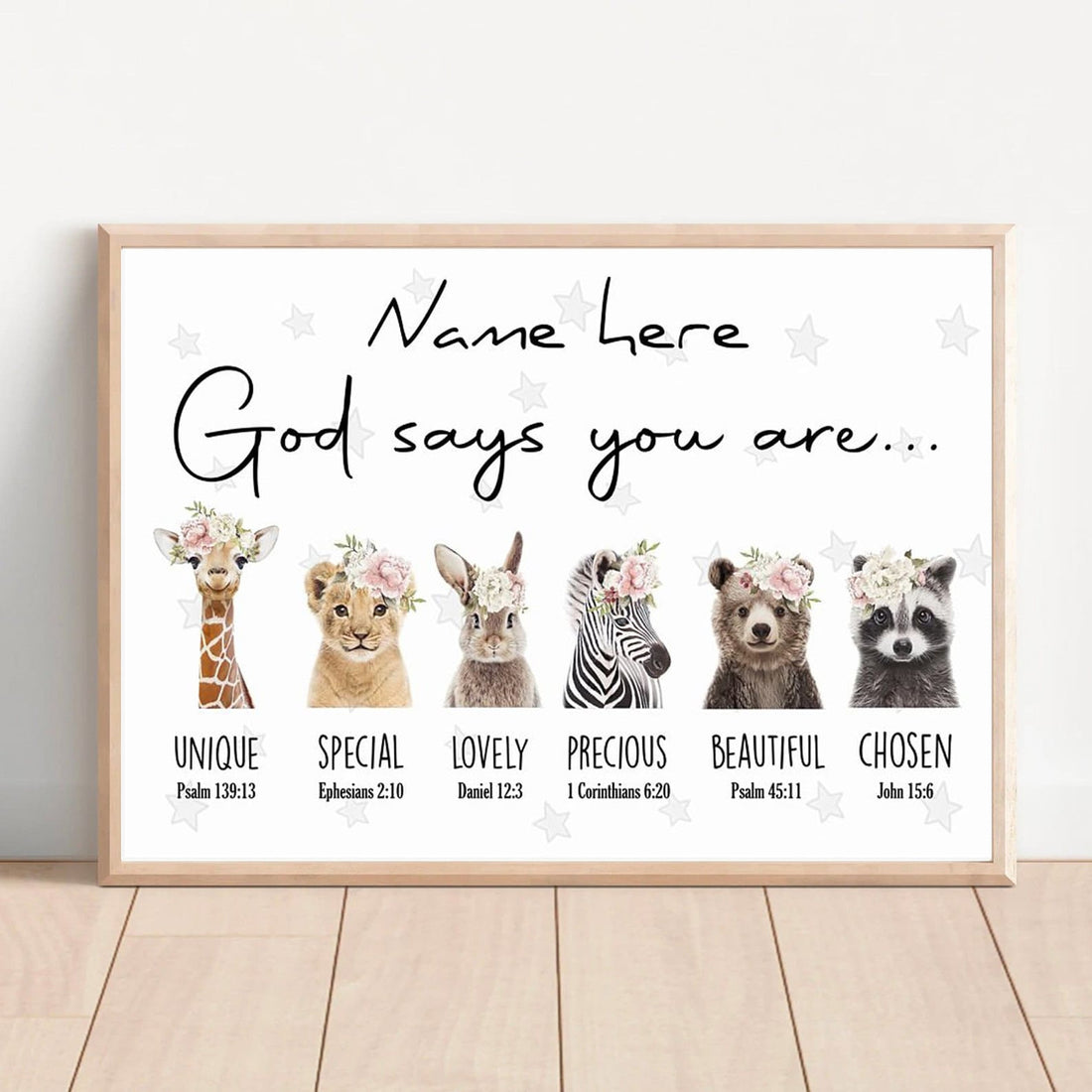 Custom God Says You Are Unique Special Lovely Precious Beautiful Chosen Giraffe Lion Rabbit Giraffe Bear Raccoon Beautiful Flowers Customized Personalized Name/Number Poster and Canvas