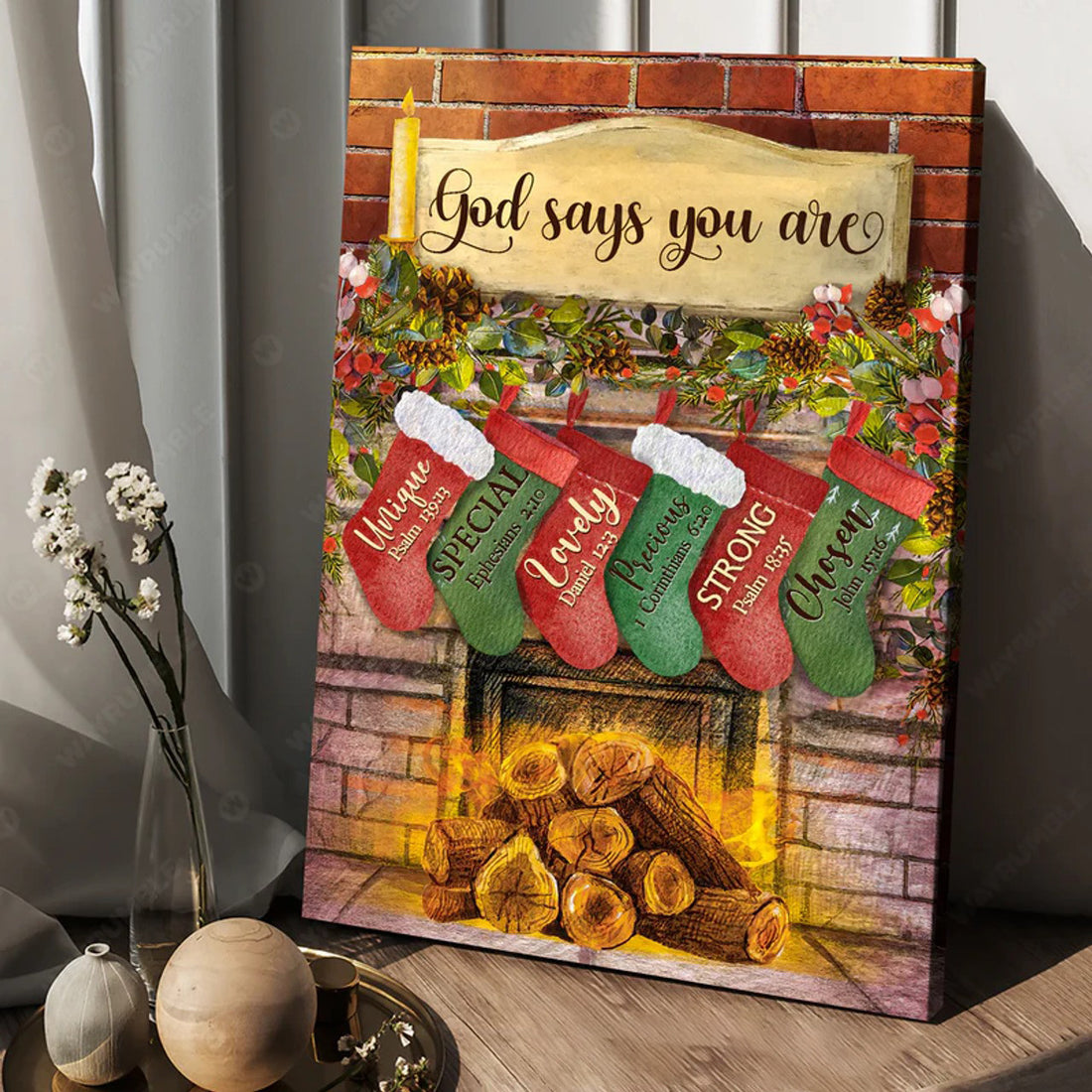 God Says You Are Unique Special Lovely Precious Strong Chosen Fire Stove Christmas Socks Poster and Canvas