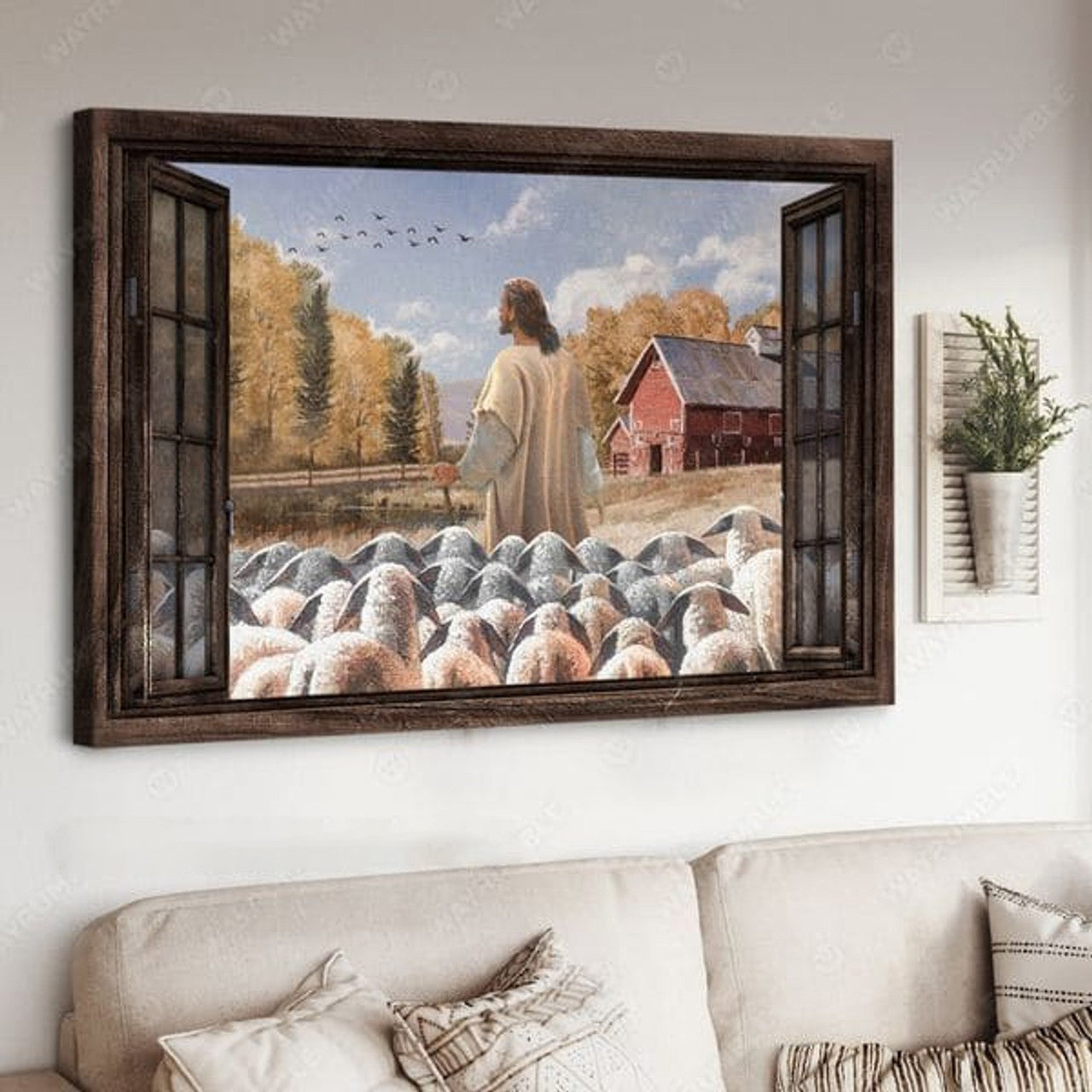 Jesus And Sheeps Farmhouse Window Poster and Canvas