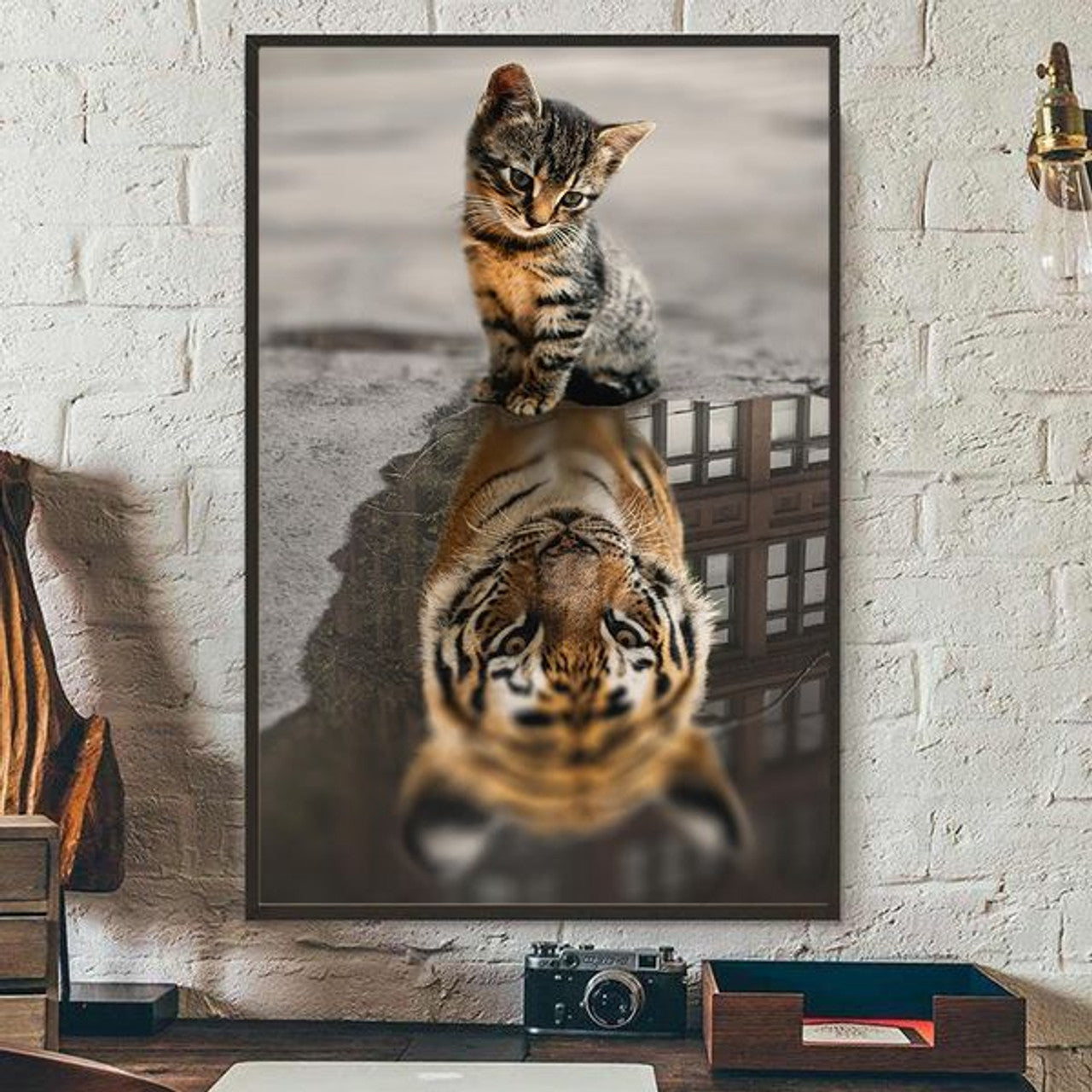 Cute Cat And The Tiger Shadow Poster and Canvas