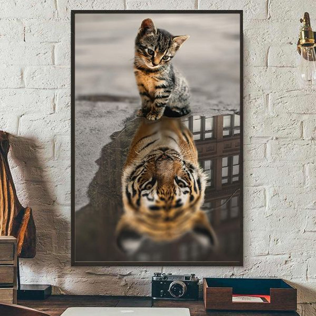 Cute Cat And The Tiger Shadow Poster and Canvas