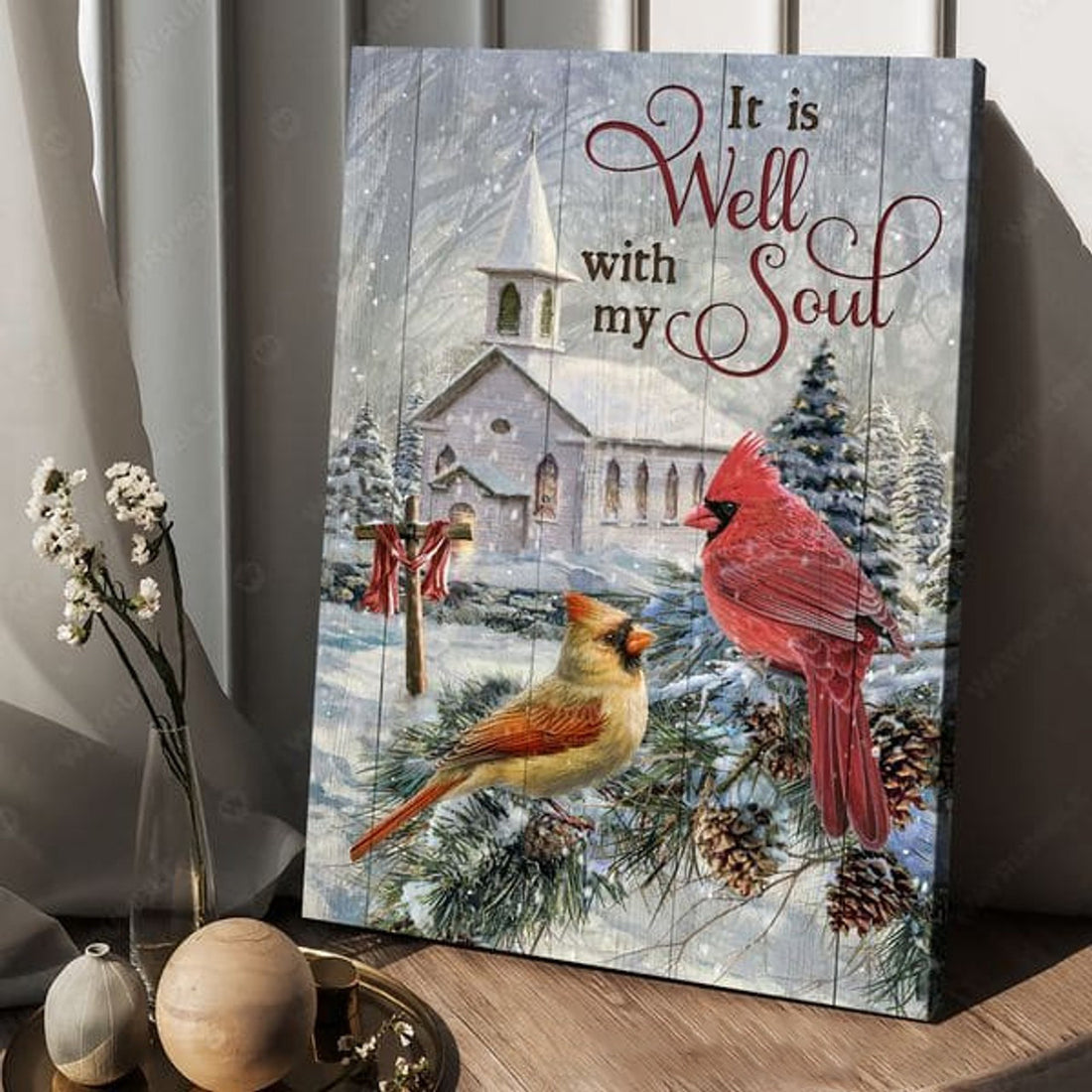 It Is Well With My Soul Couple Cardinal Bird Wooden Cross Red Scarf Church Winter Poster and Canvas