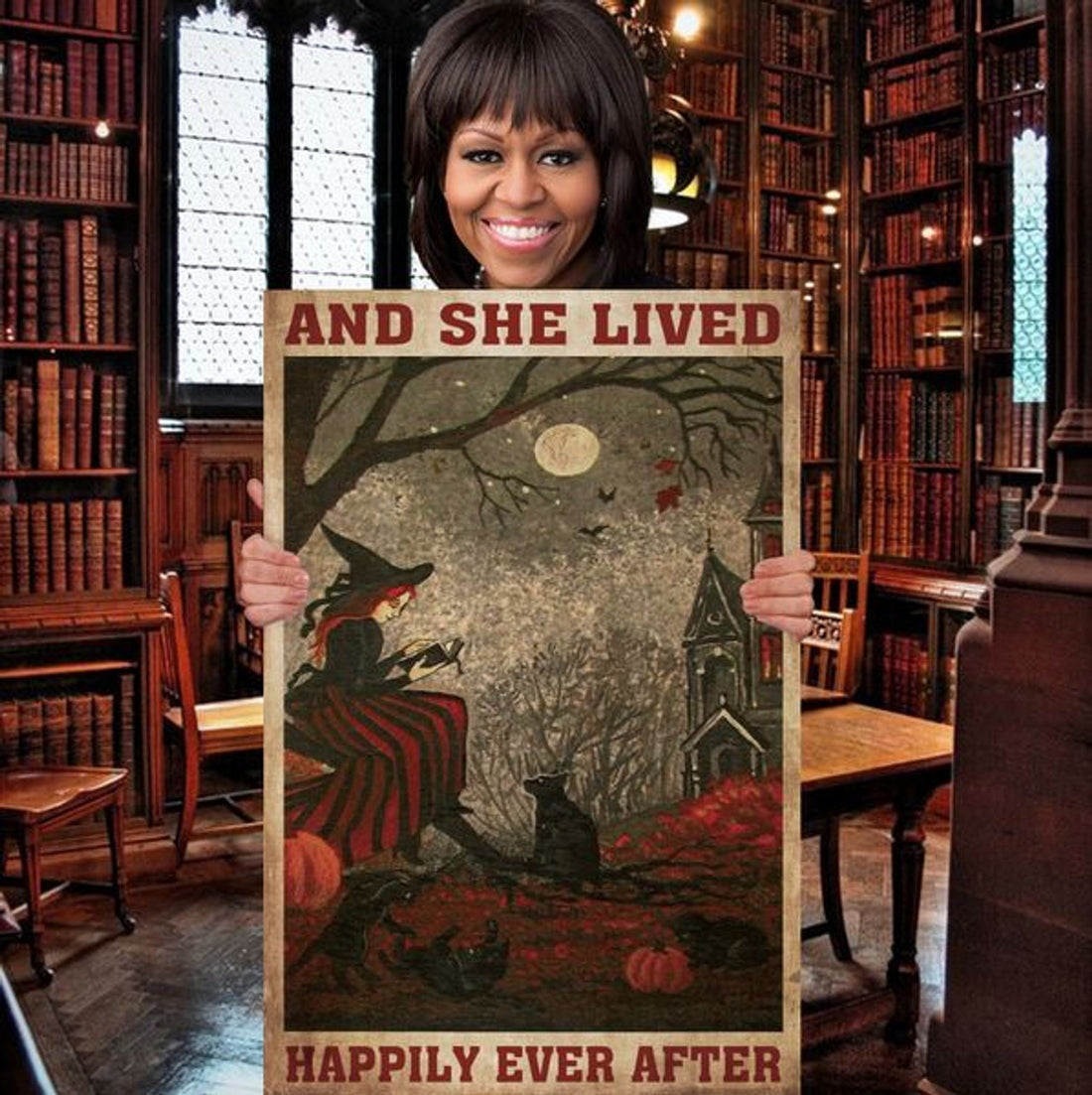 And She Lives Happily Ever After Witch Black Cat Halloween Poster and Canvas