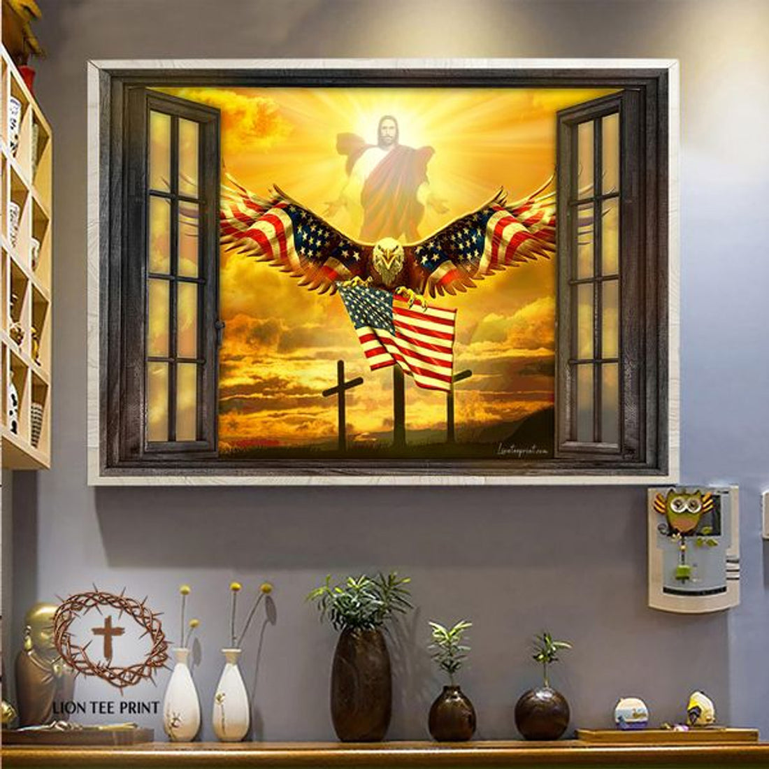 Eagle And Jesus Christ American Flag Through The Window Poster and Canvas