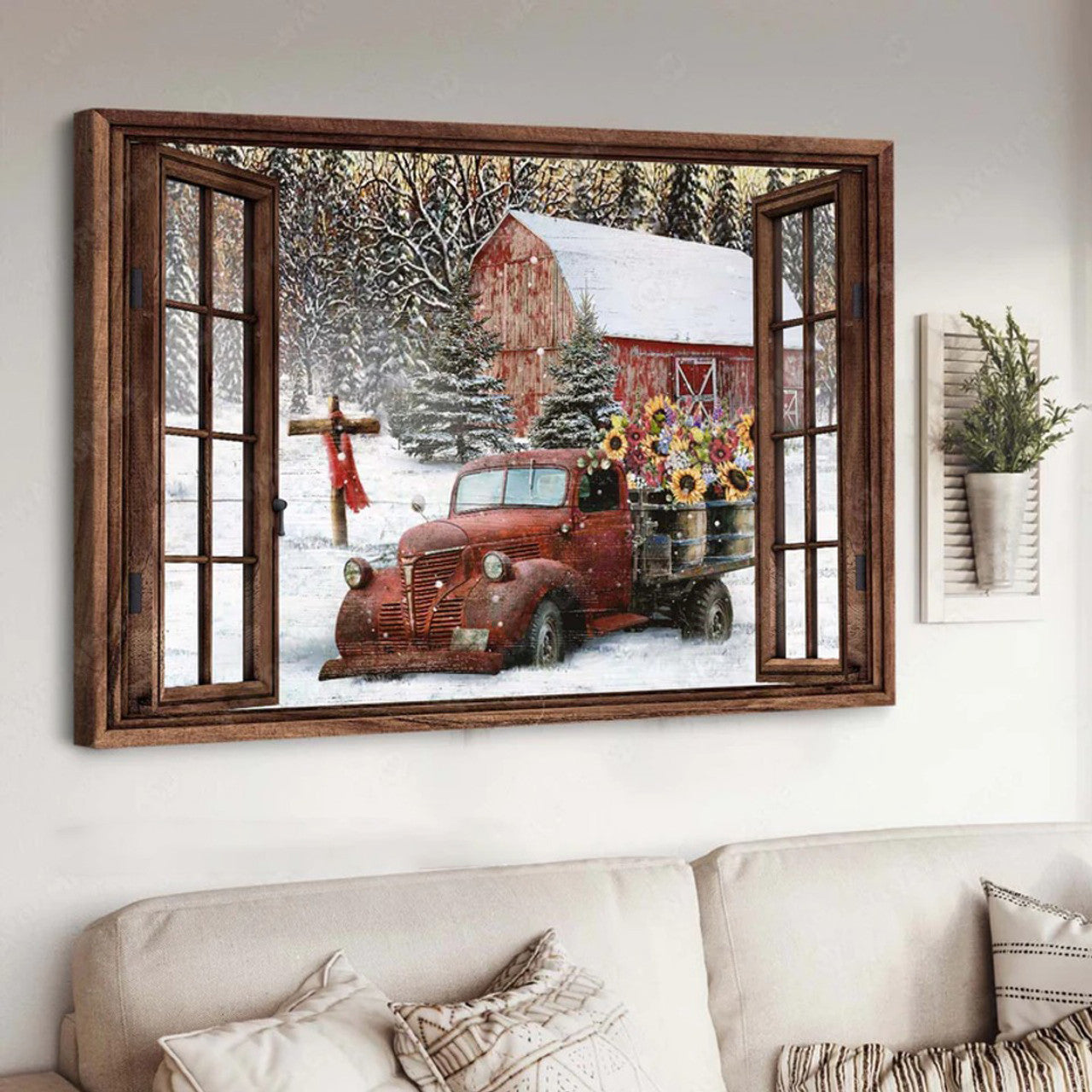 Car Flowers Wooden Cross Red Scarf Winter Window Poster and Canvas
