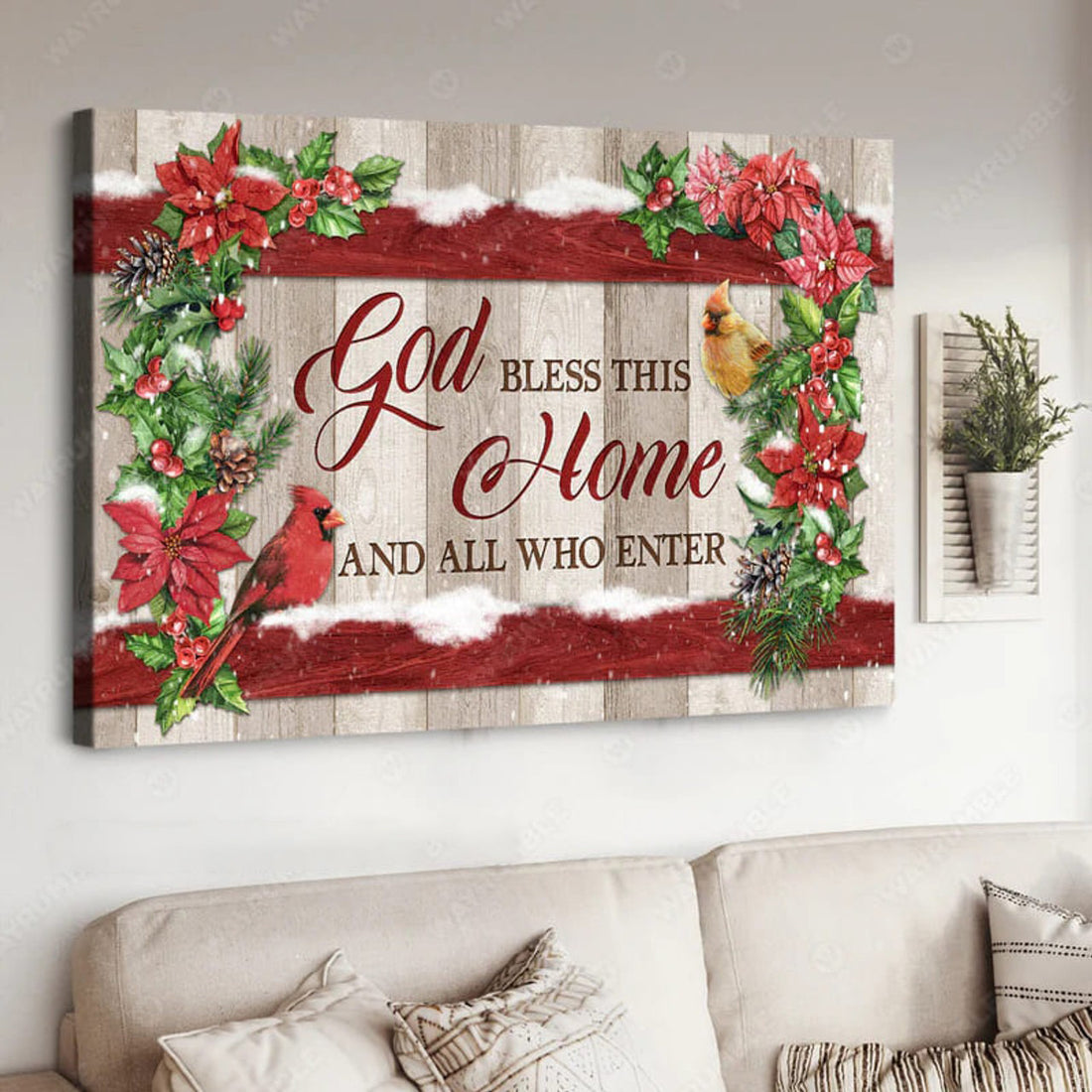 God Bless This Home And All Who Enter Cardinal Birds Christmas Poster and Canvas