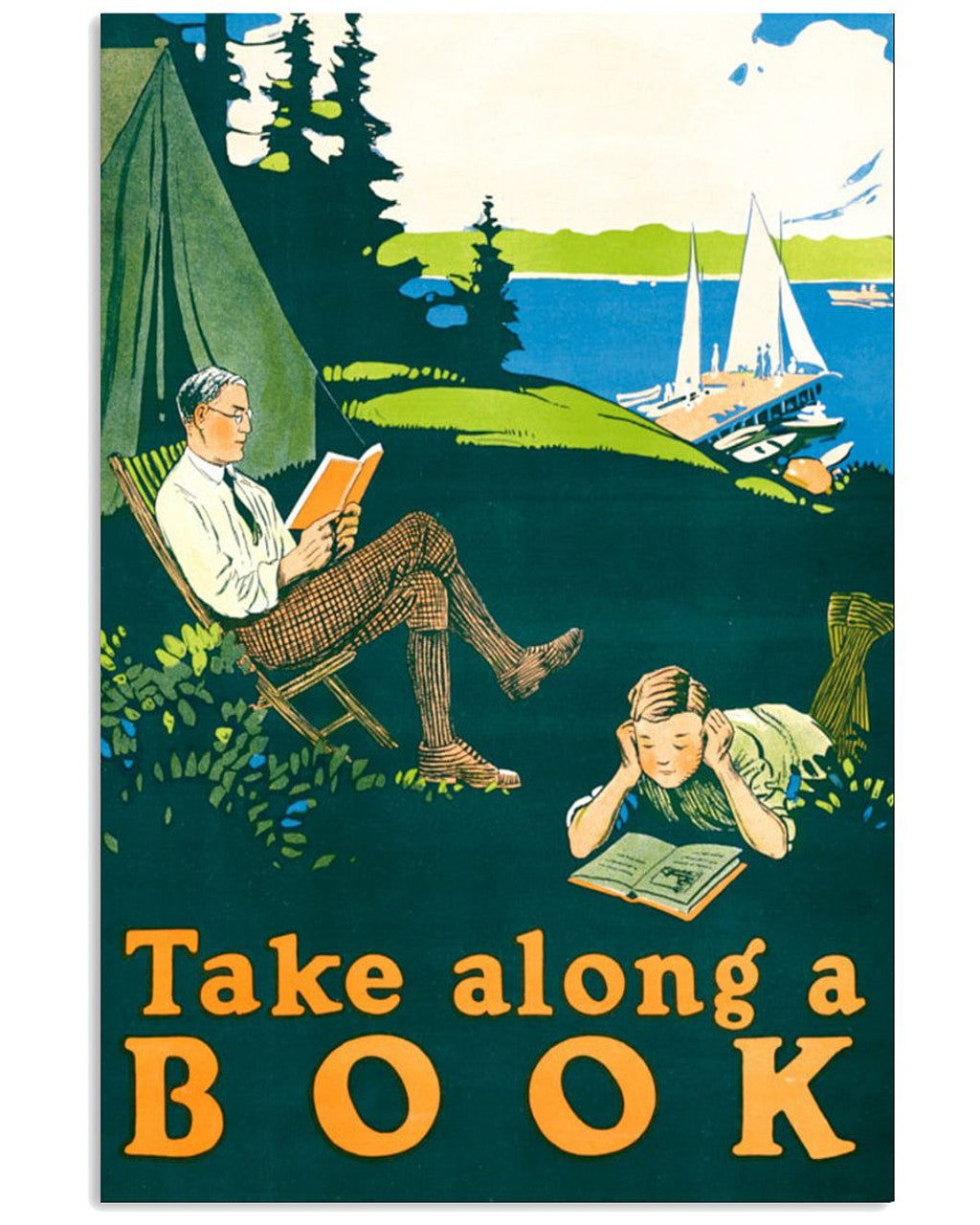 Take Along A Book Father Son Camping Boat Poster and Canvas