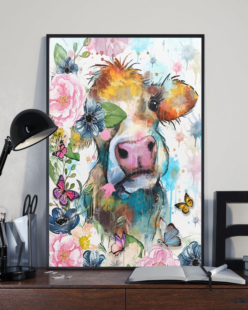 Cow Beautiful Flowers Butterflies Poster and Canvas