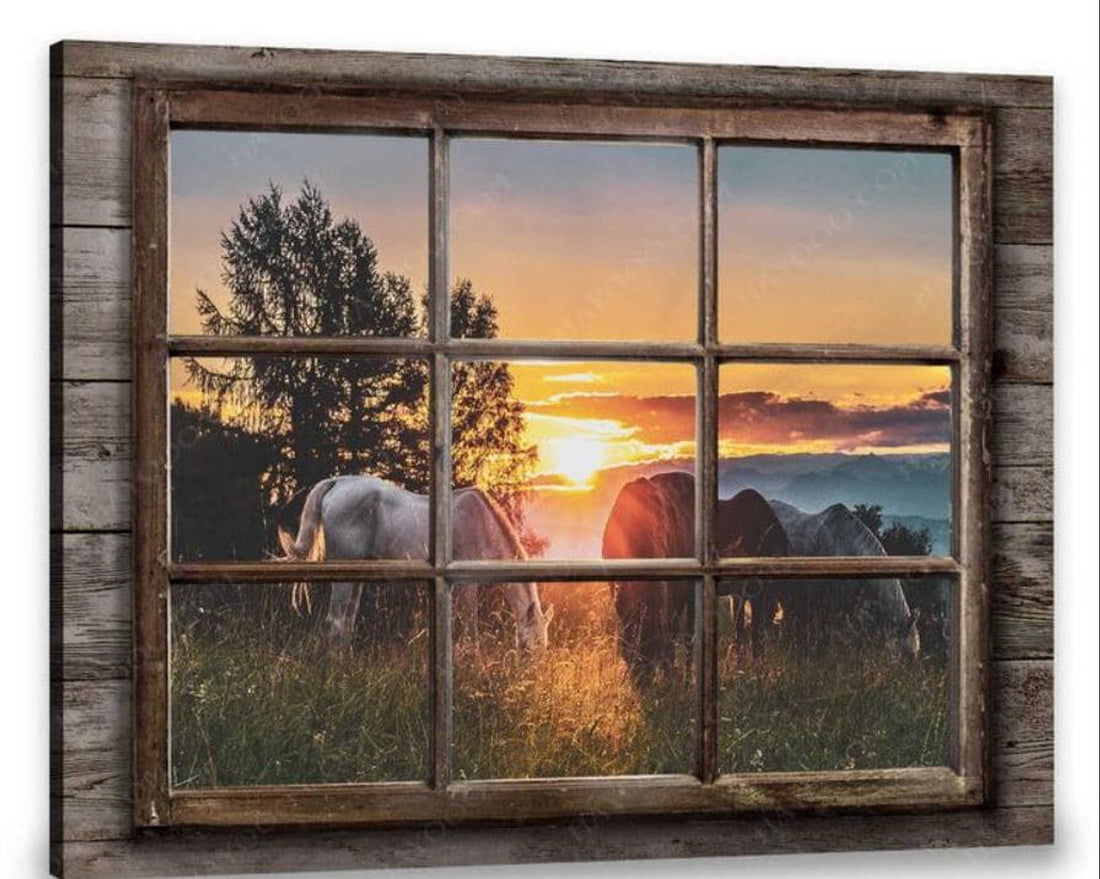 Horses Sunset Window Poster and Canvas