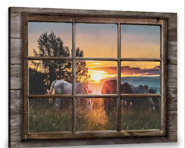Horses Sunset Window Poster and Canvas