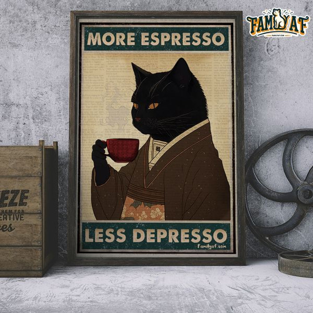 More Espresso Less Depresso Black Cat In Japanese Costume Poster and Canvas