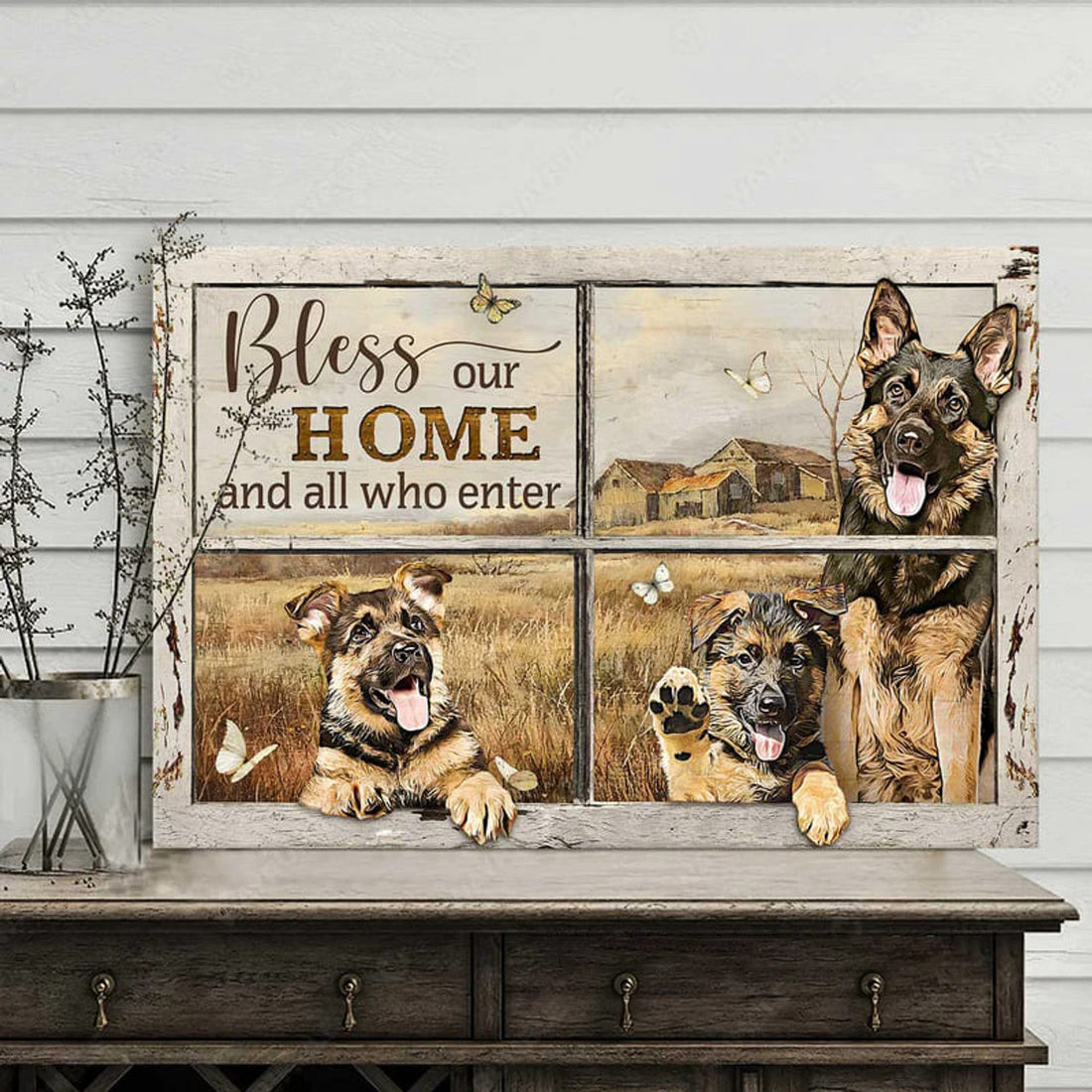 Bless Our Home And All Who Enter Dogs Butterflies Barn Window Poster and Canvas