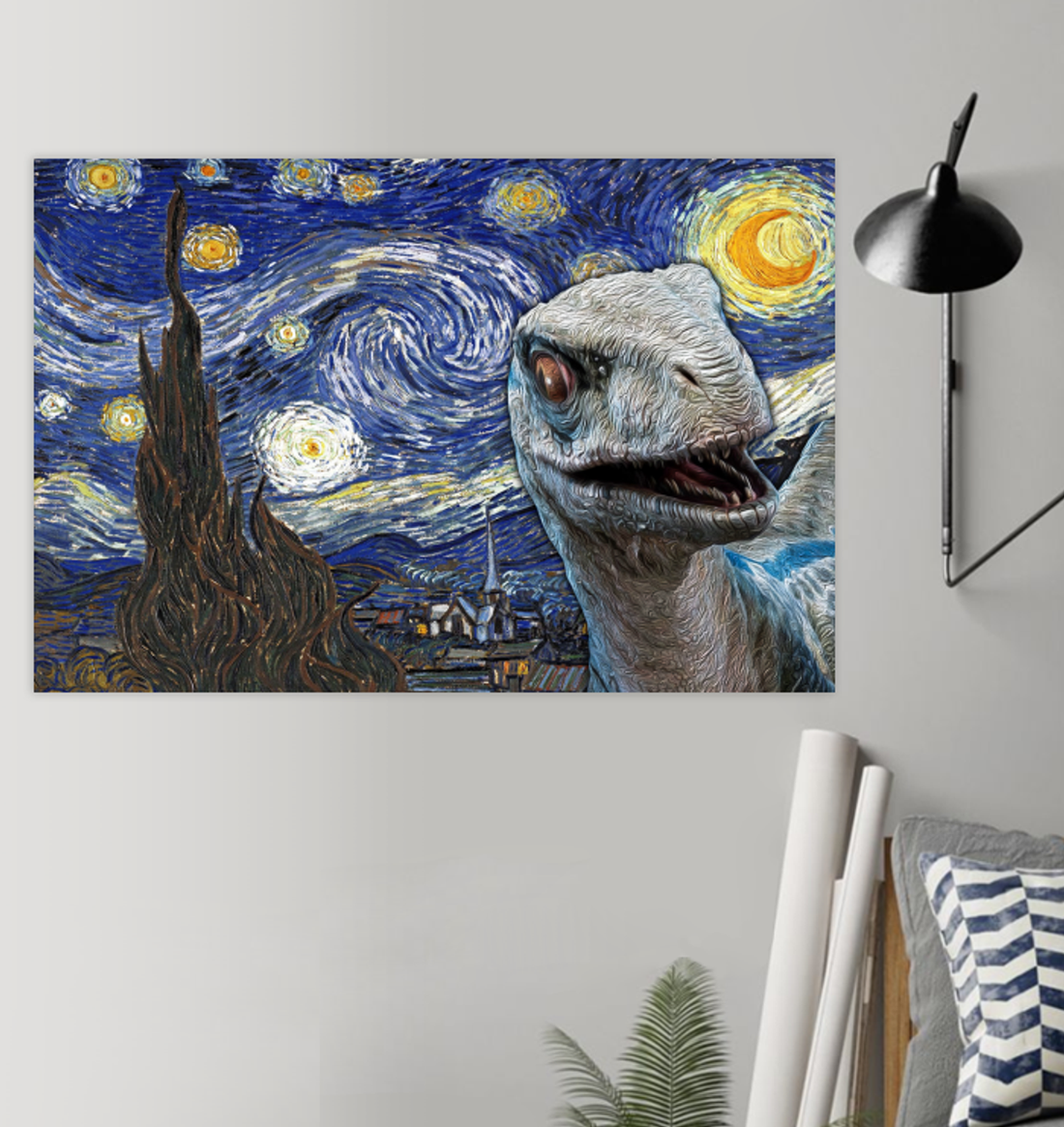 Dinosaur Starry Night Van Gogh Poster and Canvas