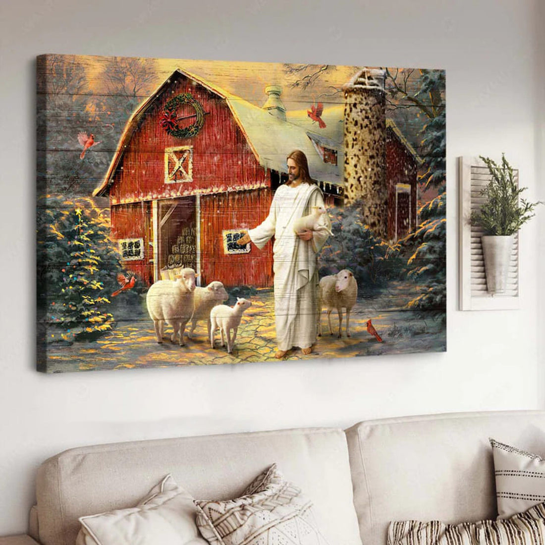 Jesus And Sheeps Farmhouse Cardinal Birds Poster and Canvas