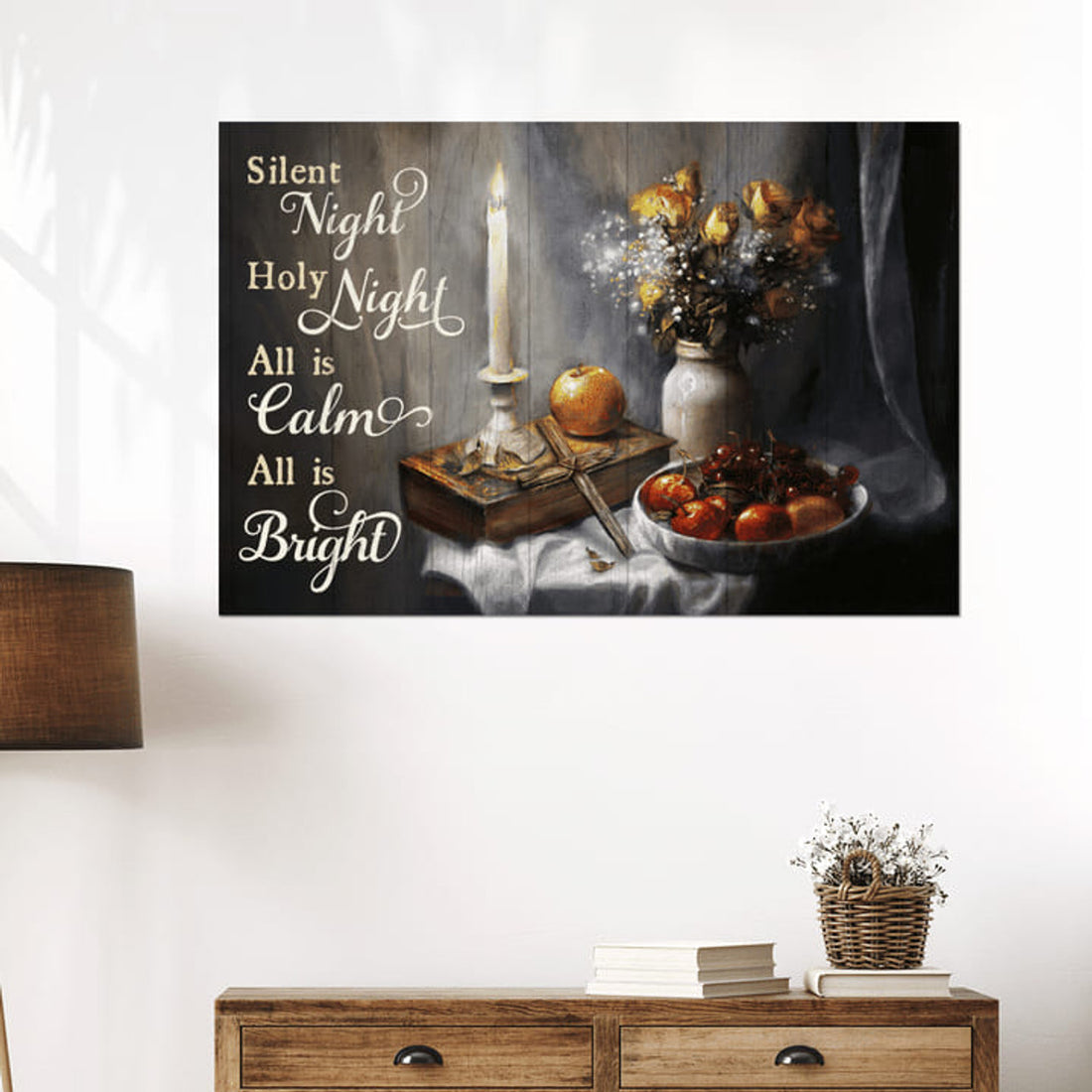Silent Night Holy Night All Is Calm All Is Bright Fruits Christian Cross Flowers Candle Poster and Canvas