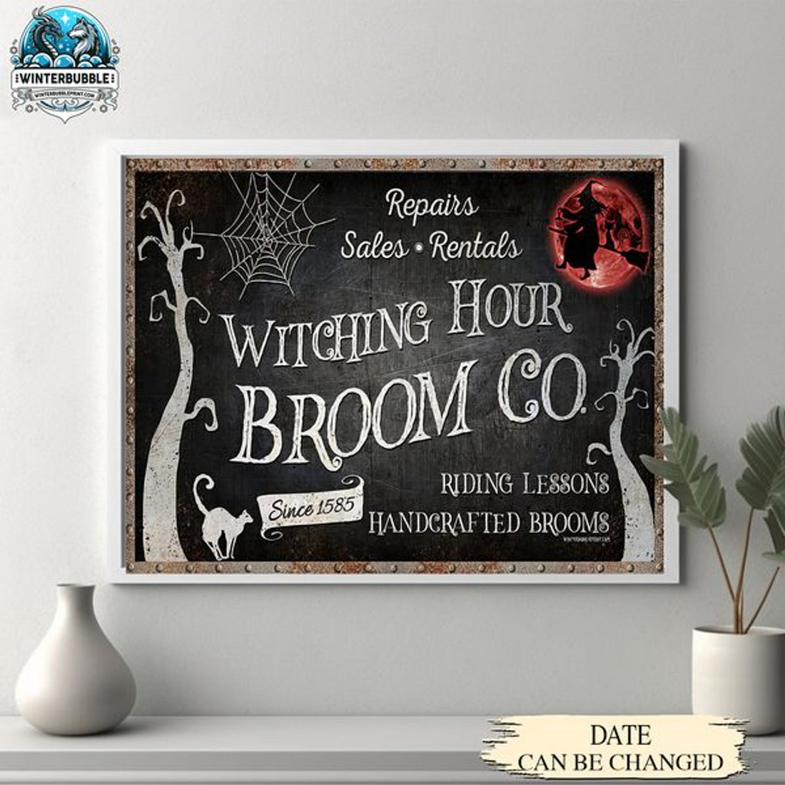 Repairs Sales Rentals Witching Hour Broom Co Riding Lessons Handicraft Brooms Halloween Poster and Canvas