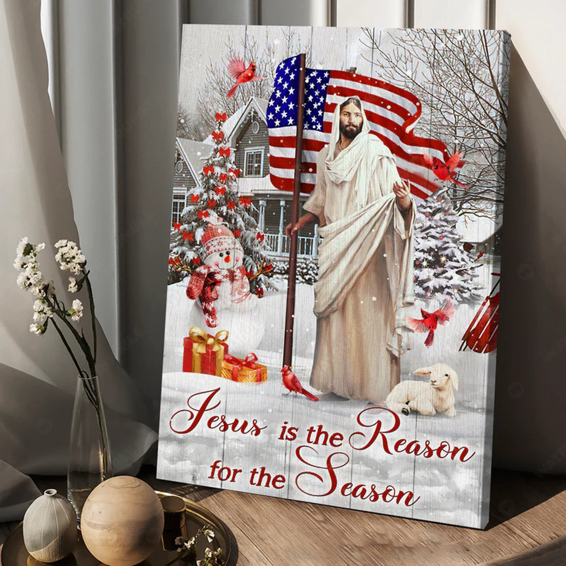 Jesus Is The Reason For The Season American Flag Sheep Christmas Poster and Canvas
