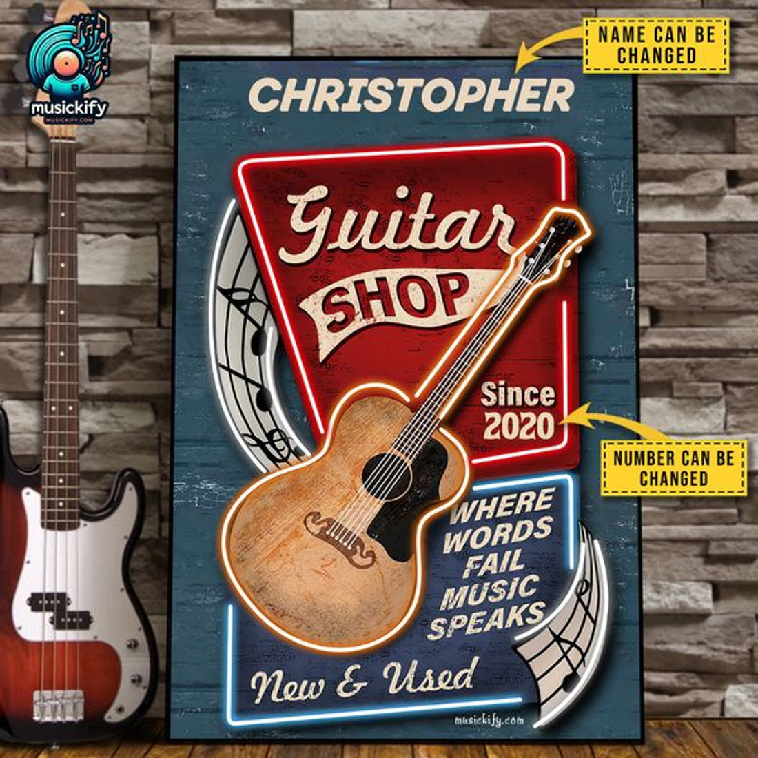 Custom Guitar Shop Where Words Fail Music Speaks New And Used Customized Personalized Name/Number Poster and Canvas