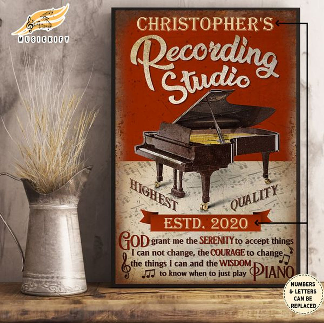 Custom Recording Studio God Grant Me The Serenity To Accept Things I Can Not Change The Courage Piano Customized Personalized Name/Number Poster and Canvas