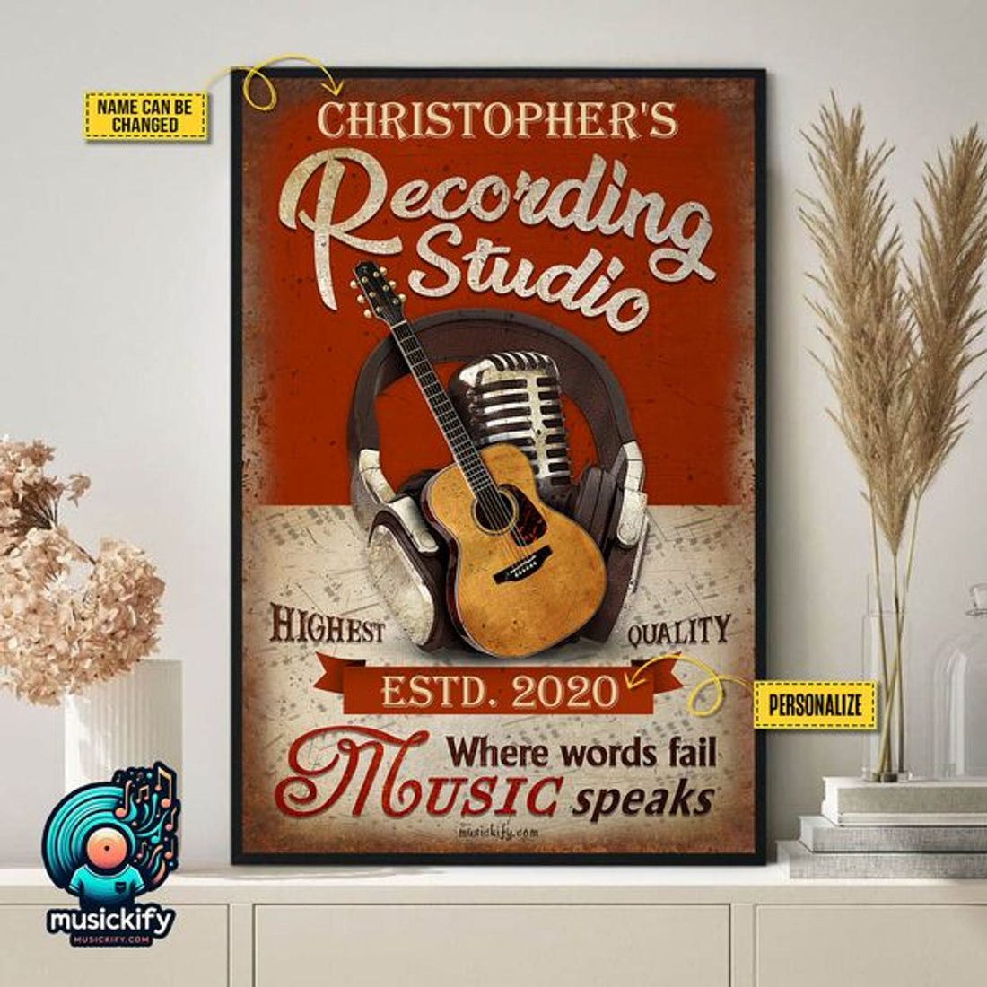 Custom Recording Studio Where Words Fail Music Speaks Guitar Customized Personalized Name/Number Poster and Canvas