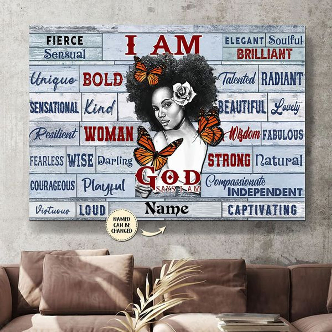 Custom I Am Fierce Bold Woman God Says I Am Strong Wisdom Beautiful Brilliant Butterfly Feminism Customized Personalized Name/Number Poster and Canvas