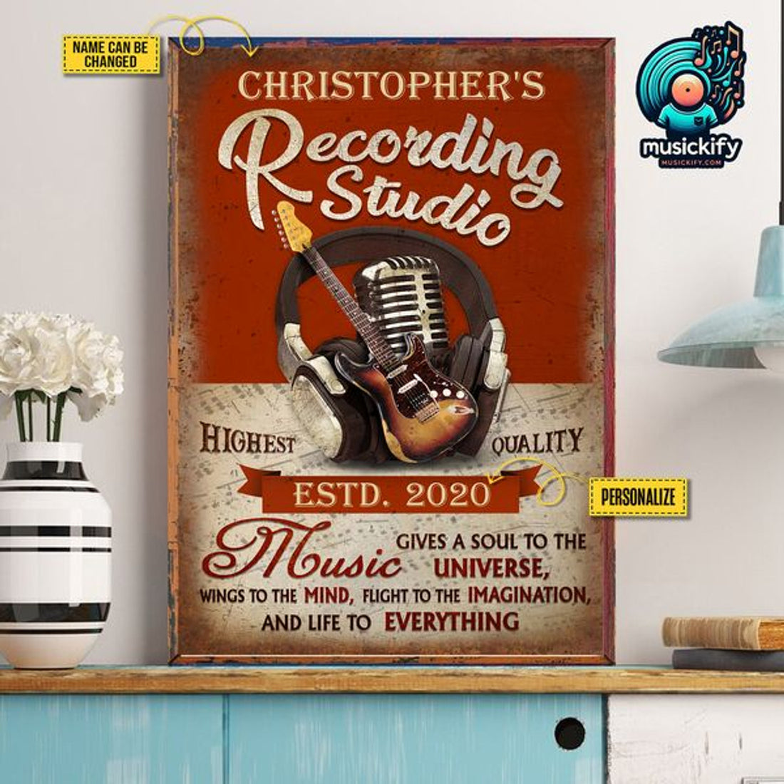 Custom Recording Studio Music Gives A Soul To The Universe Wings To The Mind Flight To The Imagination And Life To Everything Guitar Customized Personalized Name/Number Poster and Canvas