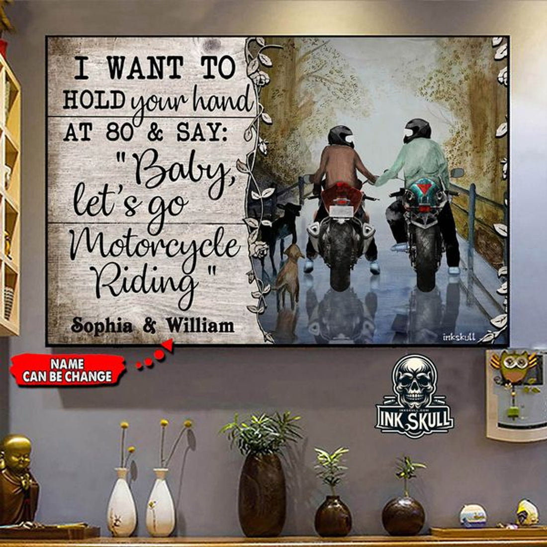 Custom I Want To Hold Your Hand At 80 And Say Baby Let’s Go Motorcycle Riding Biker Couple Valentine Customized Personalized Name/Number Poster and Canvas