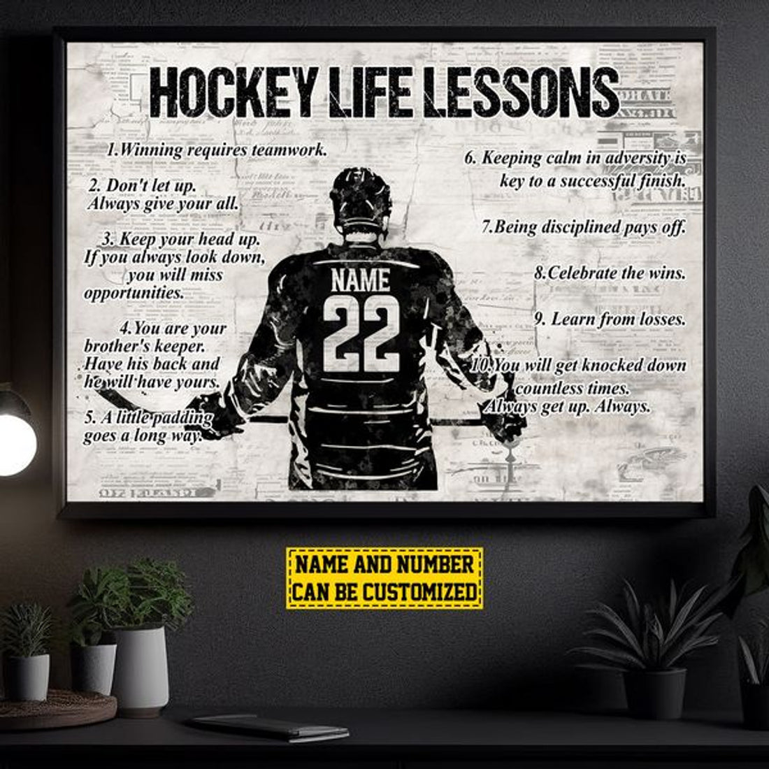 Custom Hockey Life Lessons Winning Requires Teamwork Don’t Let Up Always Give Your All Hockey Player Customized Personalized Name/Number Poster and Canvas