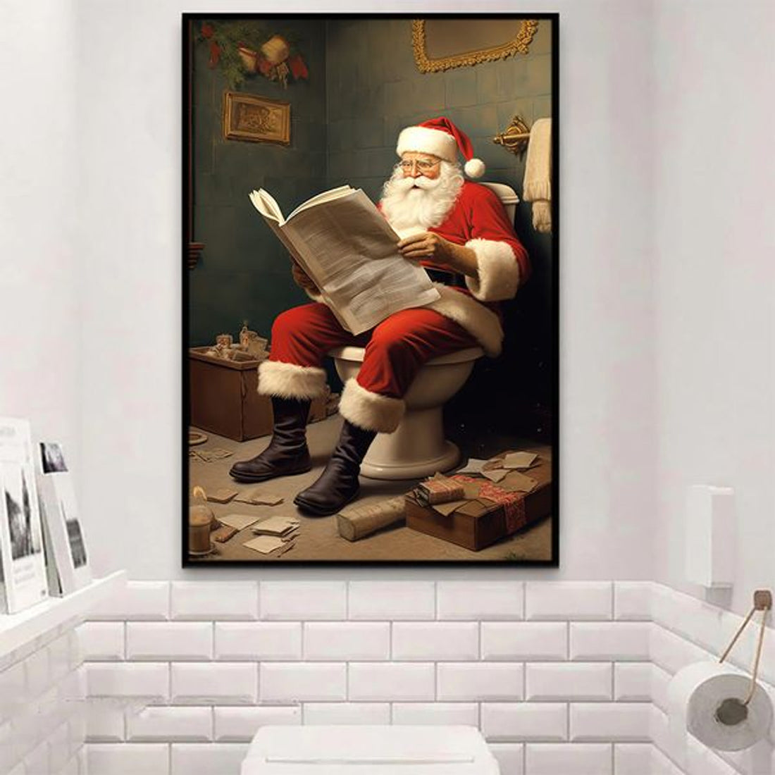 Santa Claus Reading Newspaper In The Toilet Christmas Poster and Canvas