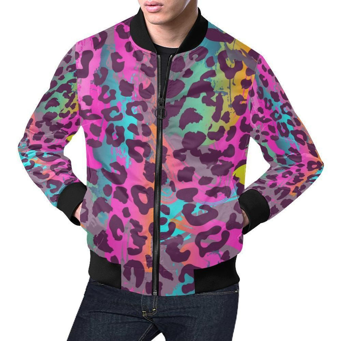 FUNSTUFFPRINT Rainbow Cheetah Leopard Pattern Print Mens 3D Bomber Jacket