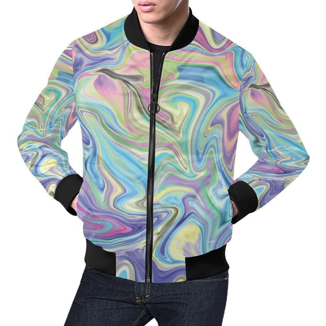 FUNSTUFFPRINT Rainbow Marble Pattern Print Mens 3D Bomber Jacket