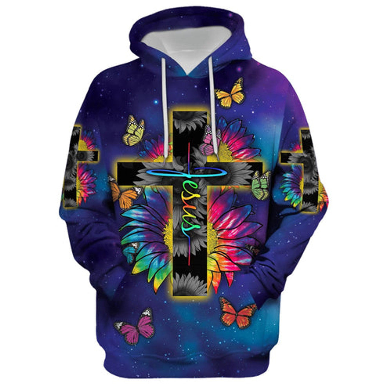 FUNSTUFFPRINT 3D Rainbow Sunflower Butterfly Jesus Cross 3D Hoodie and Zip Hoodie