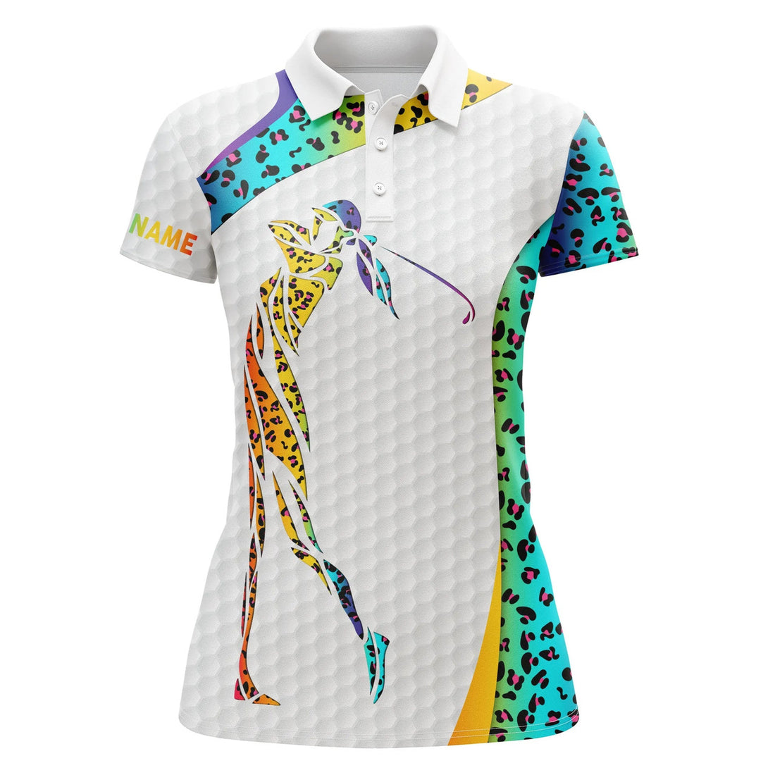 Custom Rainbow Neon Leopard Pattern Golf White Womens Golf Polo Shirts Custom Name Golf Gifts For Women, Best Gift For Women