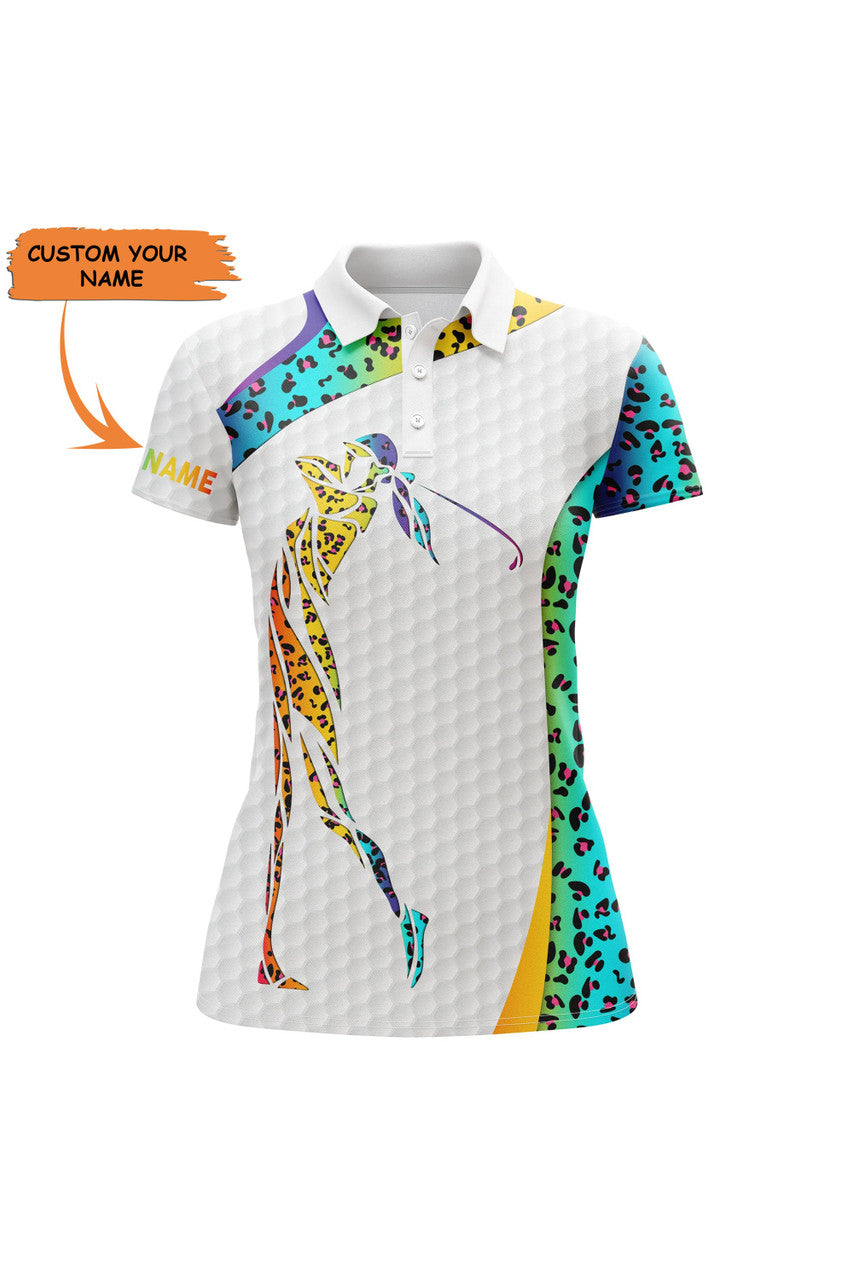 Custom Rainbow Neon Leopard Pattern Golf White Womens Golf Polo Shirts Custom Name Golf Gifts For Women, Best Gift For Women
