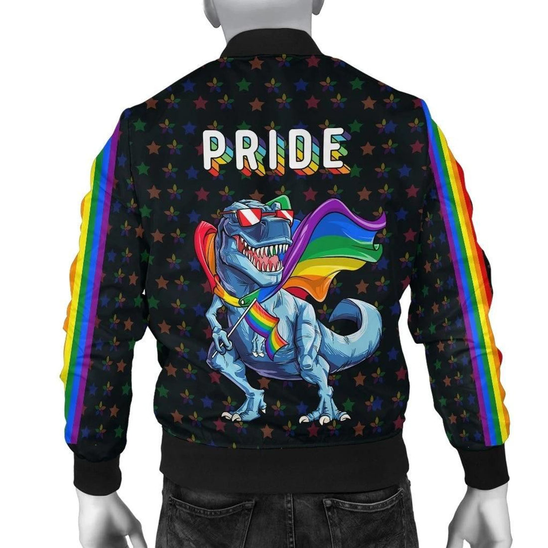 FUNSTUFFPRINT Rainbowrains Men's Bomber Jacket - LGBT T-Rex - 3D Bomber Jacket