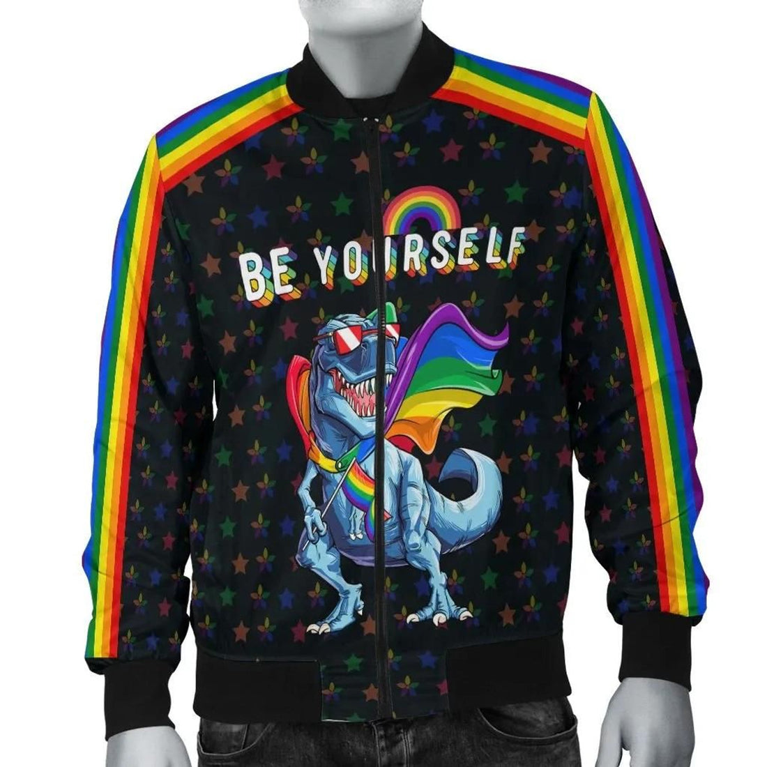 FUNSTUFFPRINT Rainbowrains Men's Bomber Jacket - LGBT T-Rex - 3D Bomber Jacket