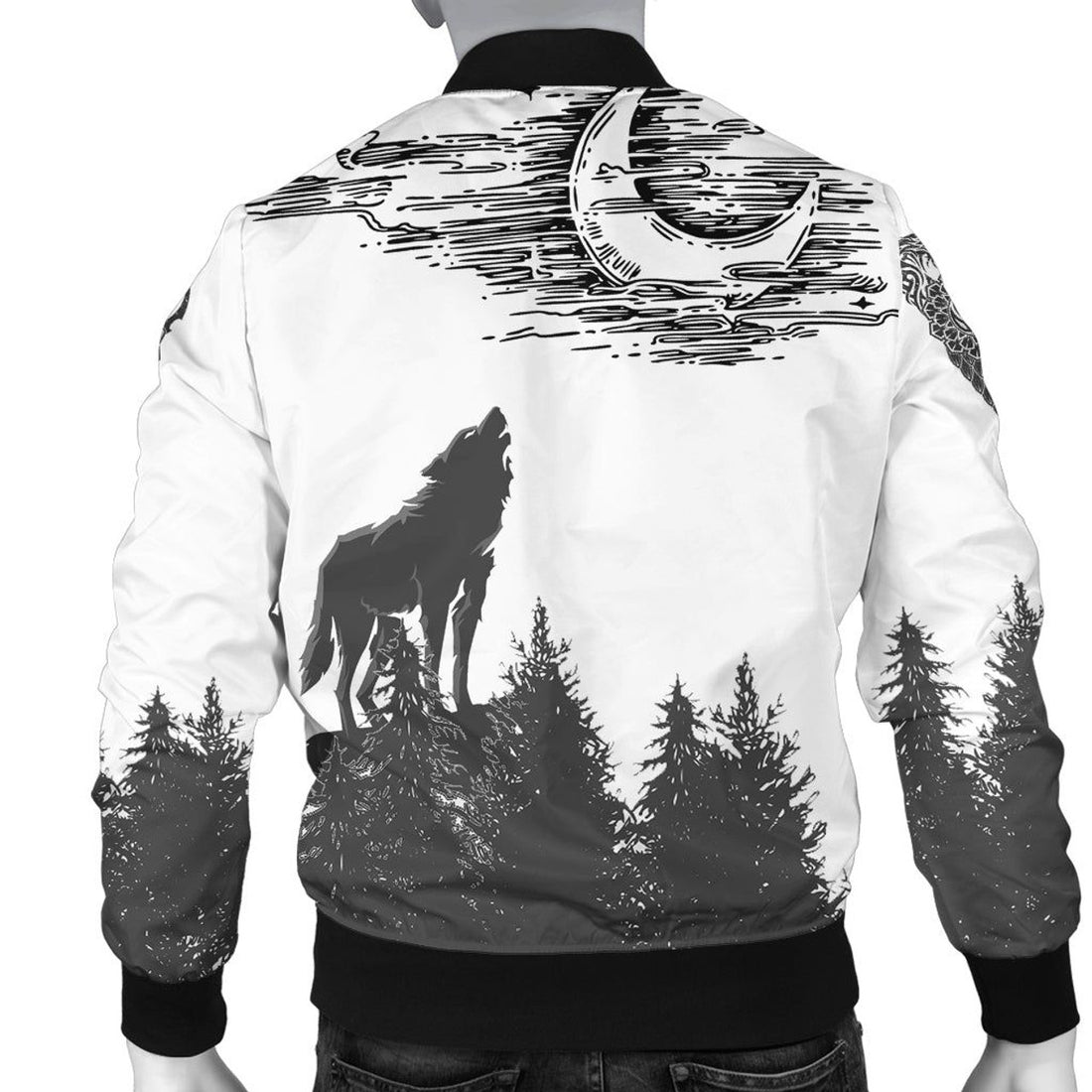 FUNSTUFFPRINT Raven And Wolf In Pine Forest 3D Bomber Jacket
