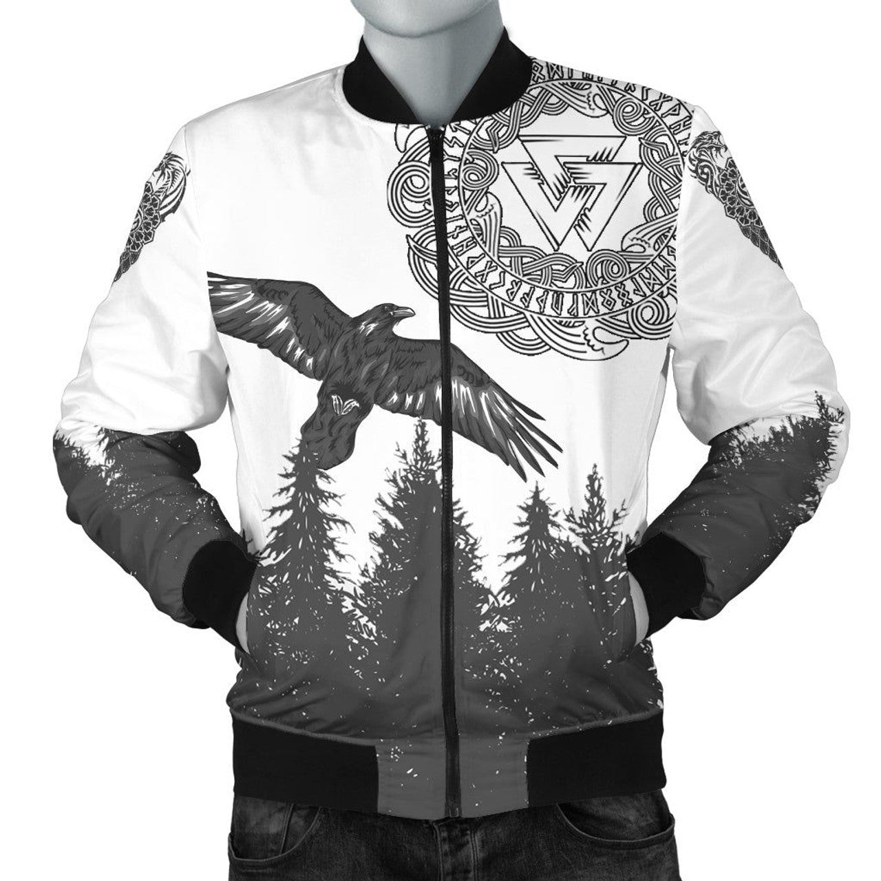 FUNSTUFFPRINT Raven And Wolf In Pine Forest 3D Bomber Jacket