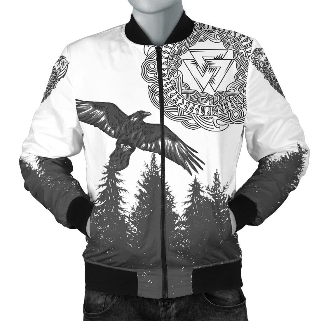 FUNSTUFFPRINT Raven And Wolf In Pine Forest 3D Bomber Jacket