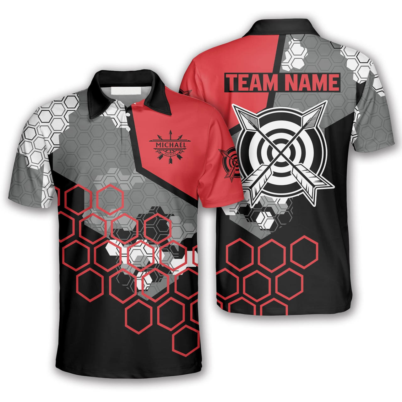 Custom Red Black Honeycomb Pattern Custom Archery Shirts for Men, Archery Polo Shirt