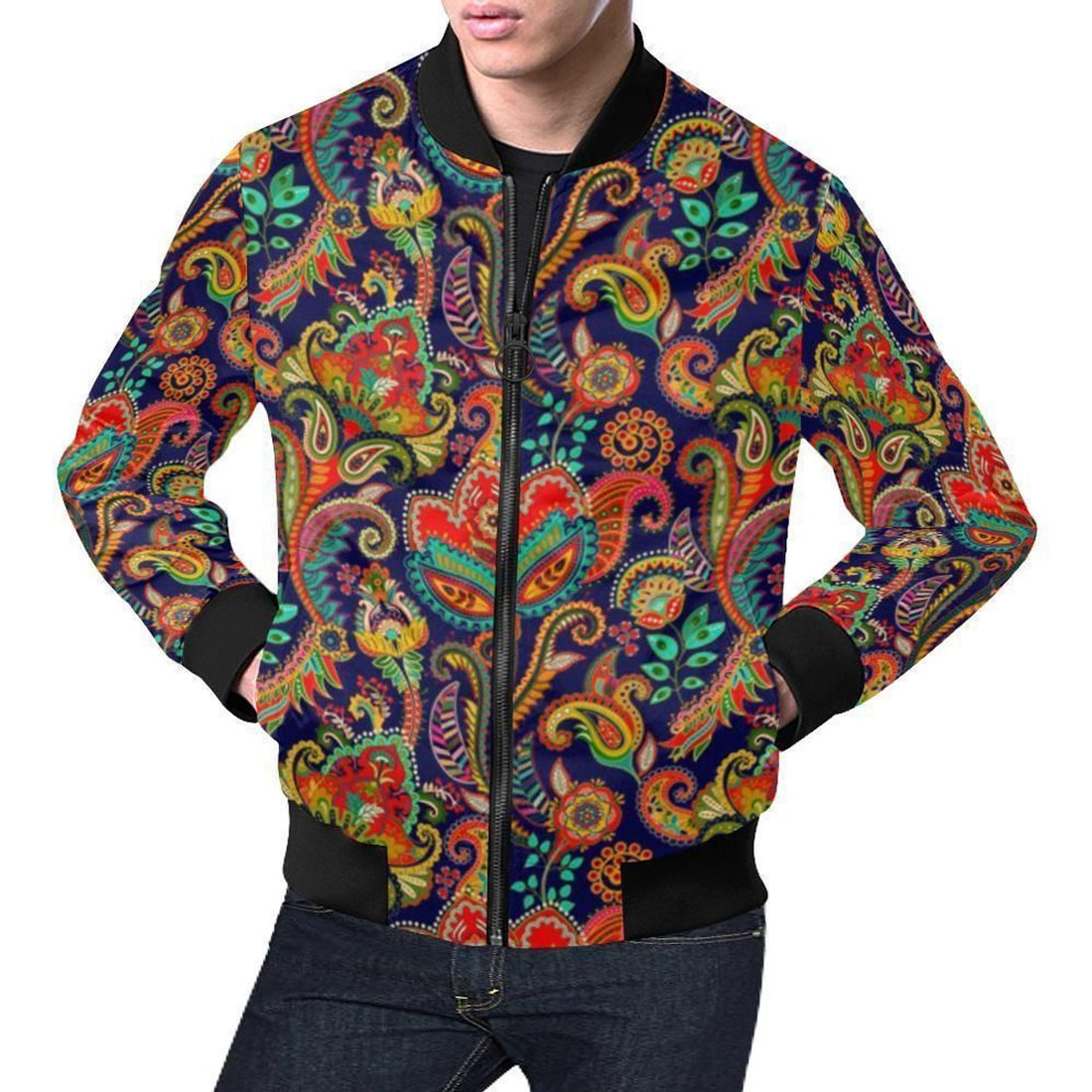 FUNSTUFFPRINT Red Flower Paisley Pattern Print Mens 3D Bomber Jacket