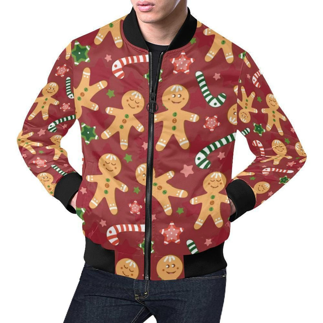 FUNSTUFFPRINT Red Gingerbread Man Chirstmas Pattern Print Mens 3D Bomber Jacket