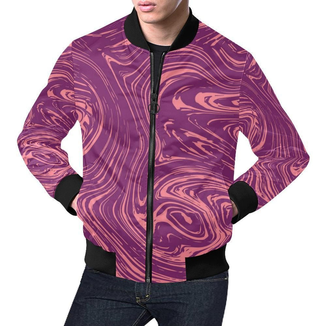 FUNSTUFFPRINT Red Marble Pattern Print Mens 3D Bomber Jacket