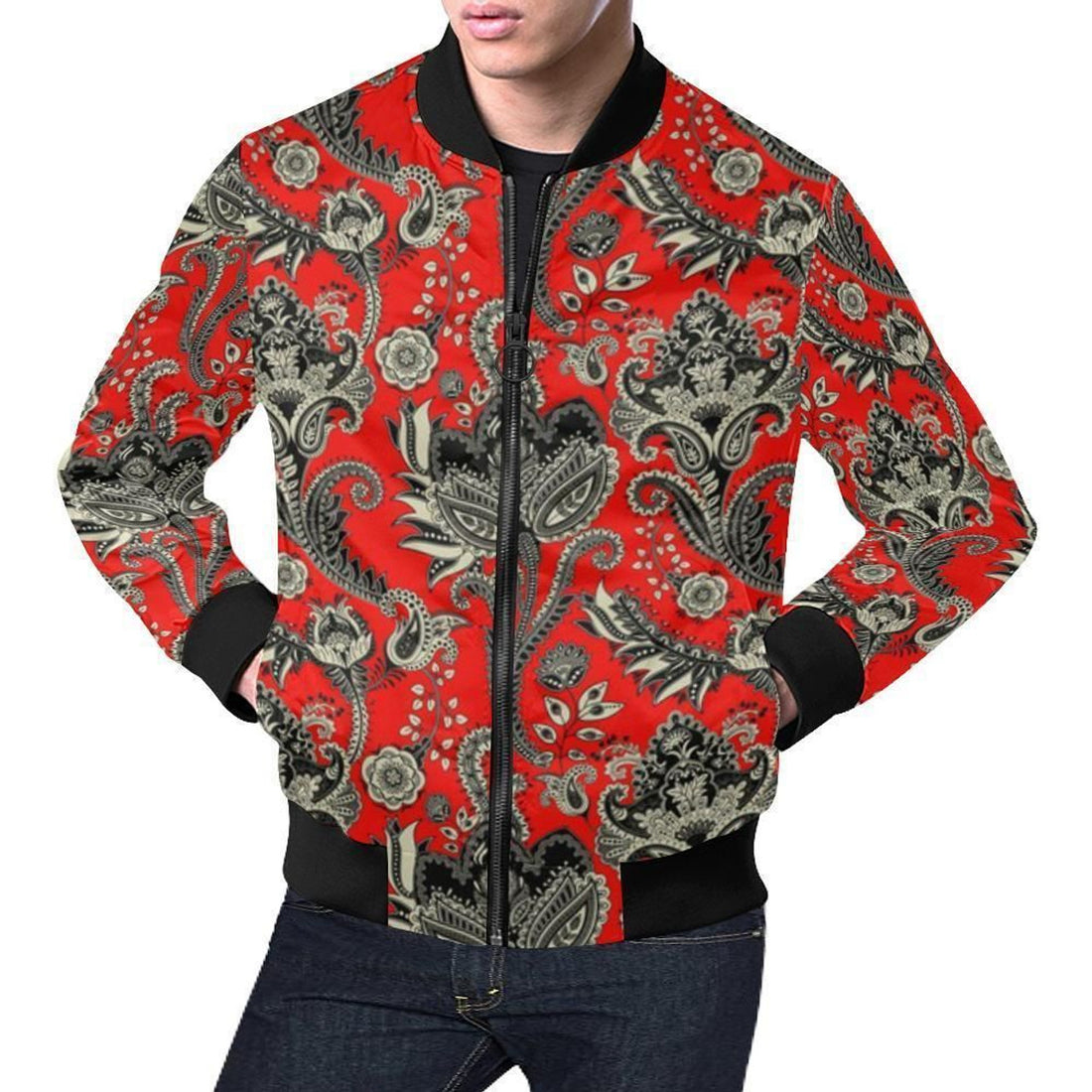 FUNSTUFFPRINT Red Paisley Pattern Print Mens 3D Bomber Jacket