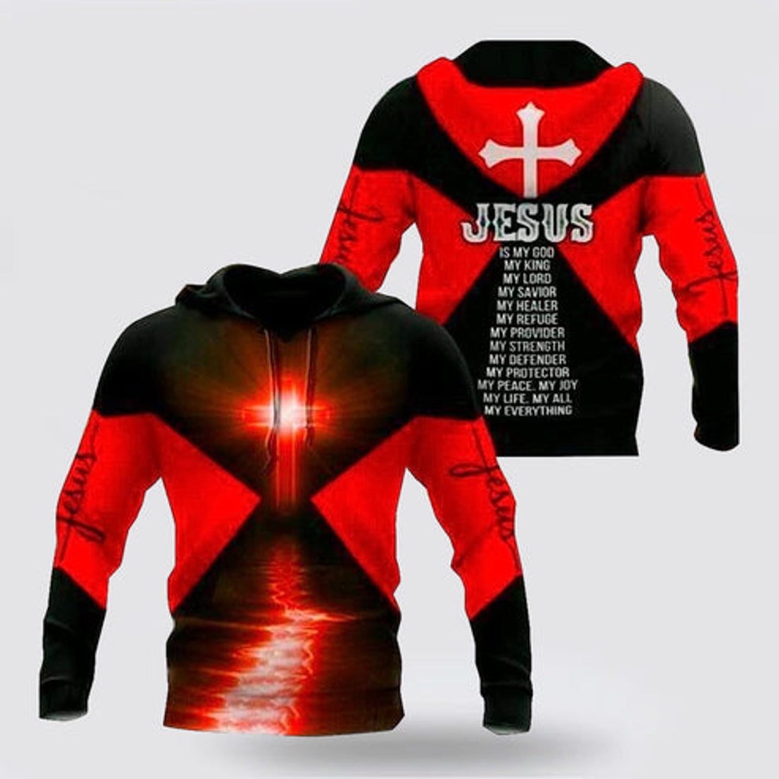 FUNSTUFFPRINT 3D Red Black Jesus Is My Lord My King My God 3D Hoodie and Zip Hoodie