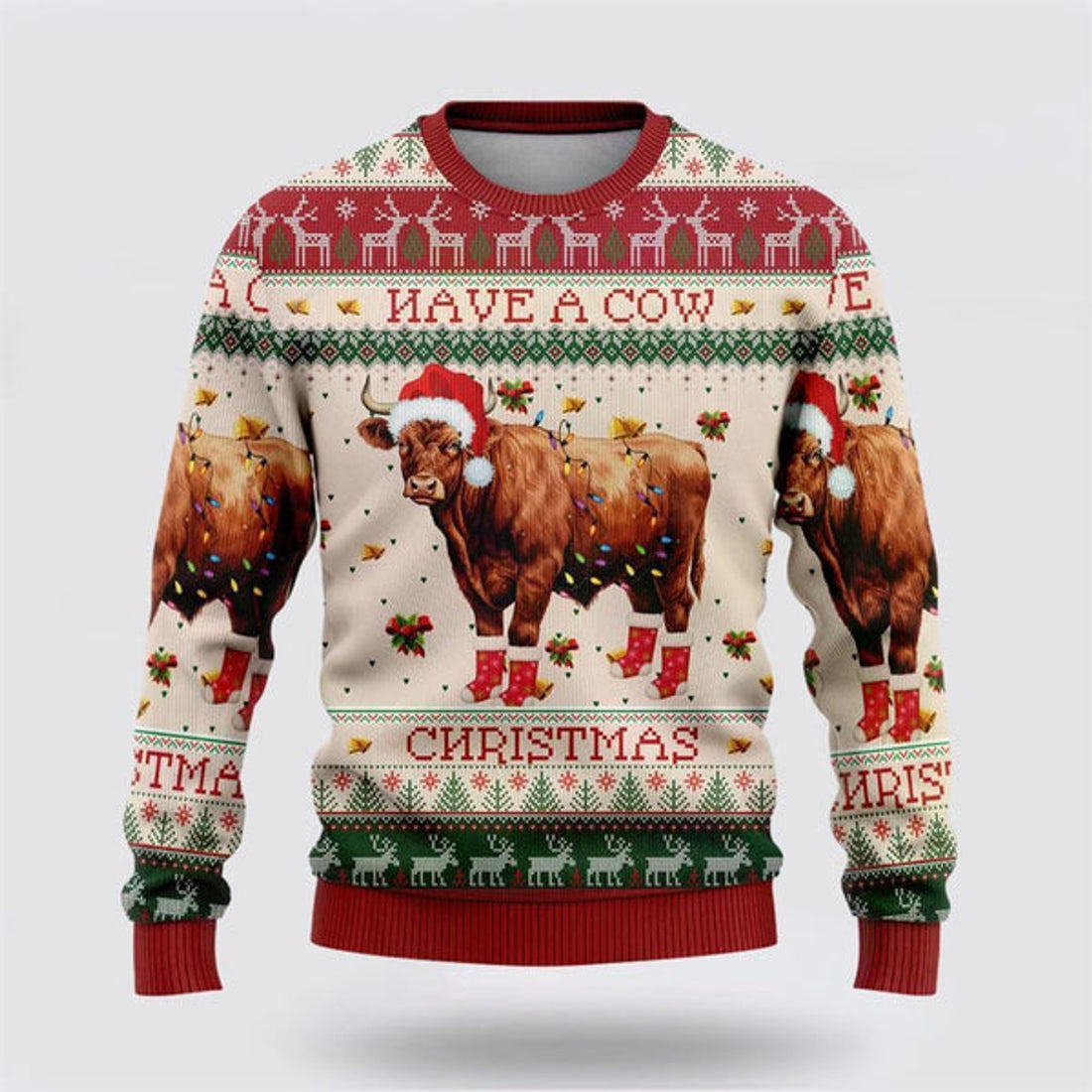 FUNSTUFFPRINT Red Angus Cows Funny Ugly Christmas Sweater, Farm Sweater, Christmas Gift, Best Winter Outfit Christmas Ugly Sweater
